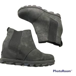 Sorel Joan of Arctic II Wedge Chelsea Boots Leather BLACK Womens Size 9